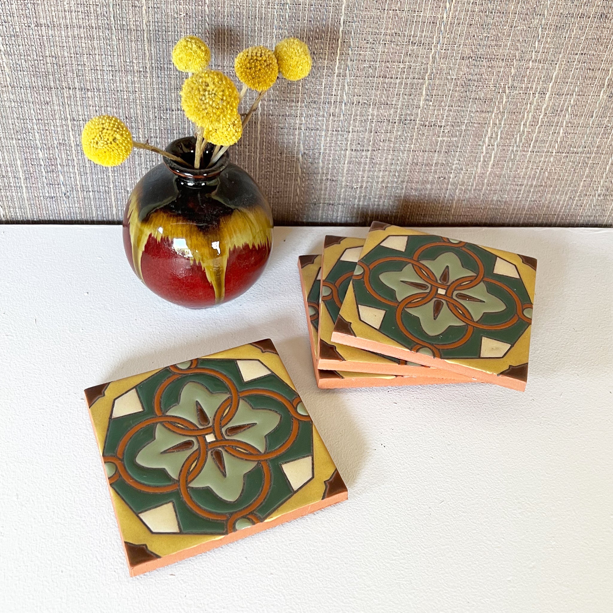 Malibu Tile Coasters - Set of 4 - Jade, Mustard & Sage - Norwegian Wood