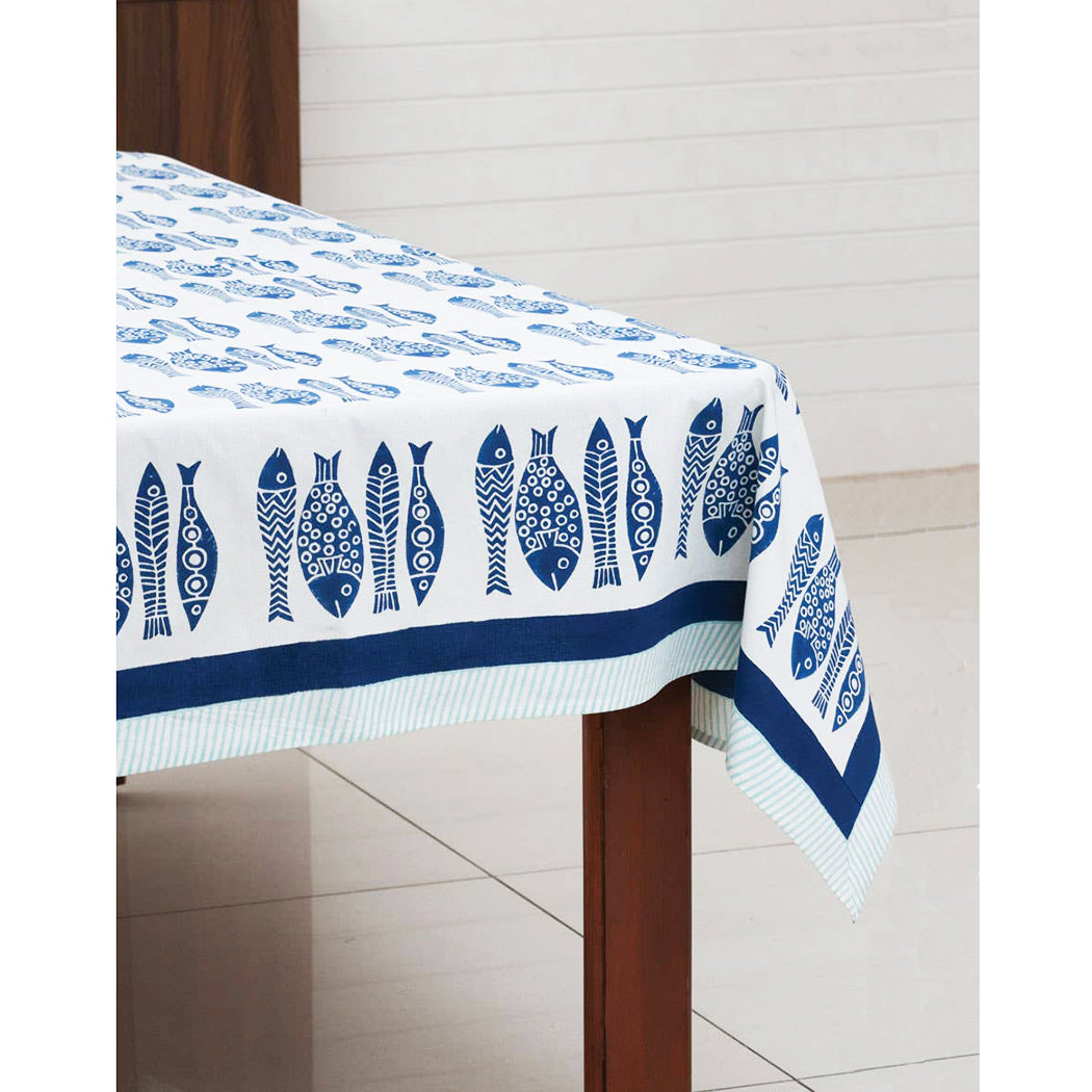 Block Print Tablecloth - Indigo & Aqua Fish Feast pattern