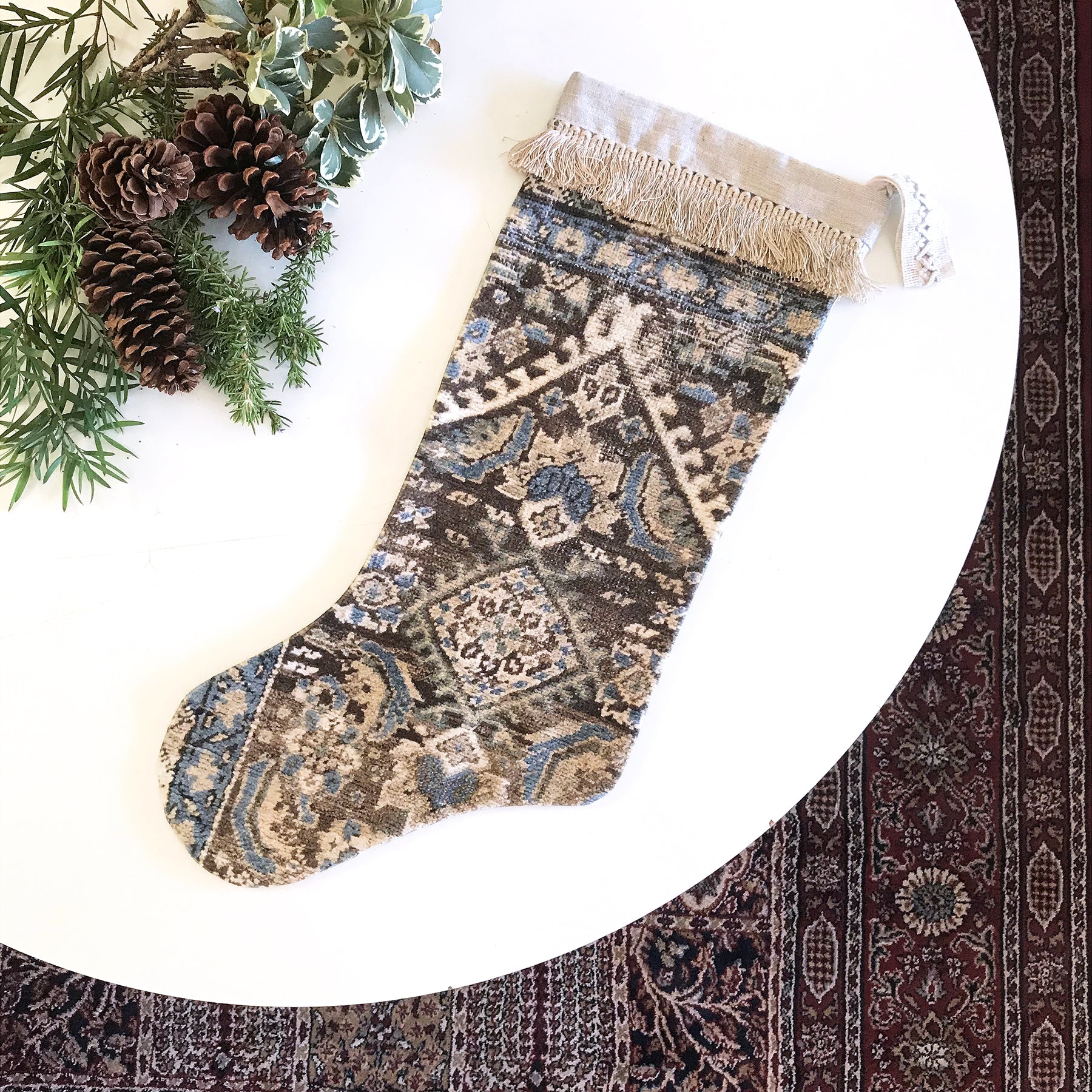 Blue & Beige Antique Rug Print Christmas Stocking with Fringe